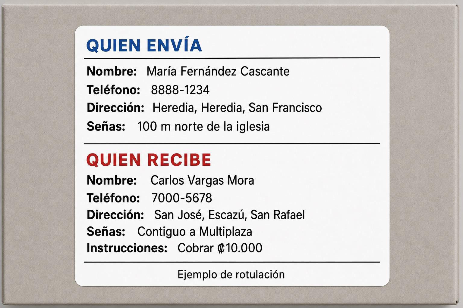 Ejemplo de rotulación con datos de quien envía y quien recibe